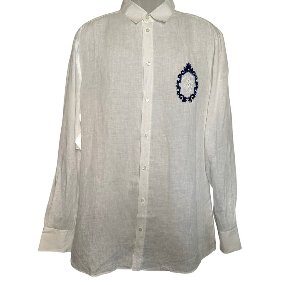 Dolce & Gabbana Heraldic Patch Linen Shirt size EU 44 White Blue Embroidery